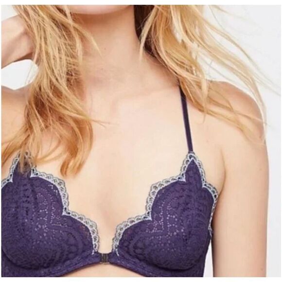 Free People Intimately Slow Dance Underwire Bra in Navy with Turquoise 32D $38 - Picture 1 of 3